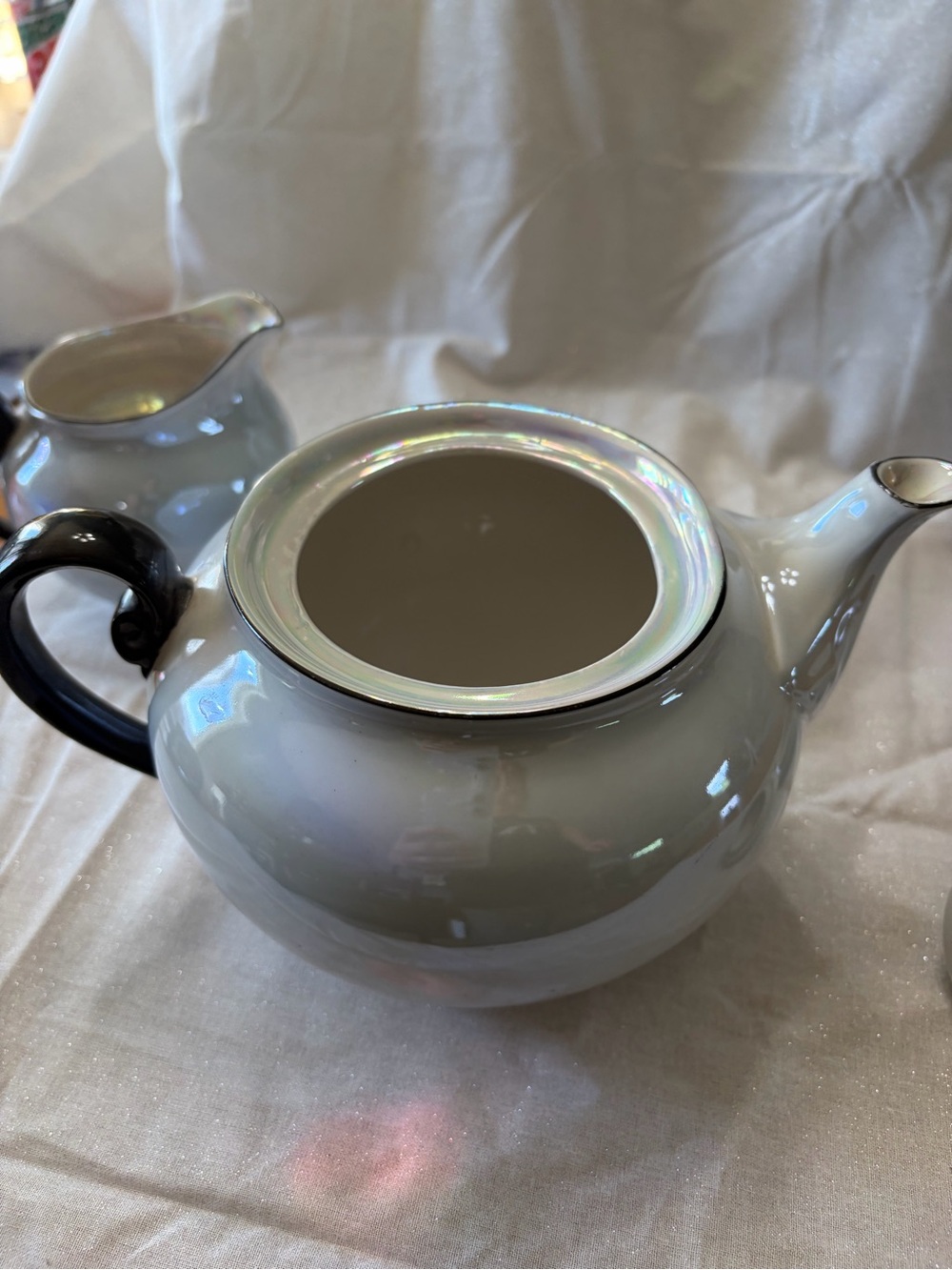 Atlantic Czechoslovakia Sky Blue Luster Ware Black Handle Teapot, Sugar& Creamer - Picture 9 of 16